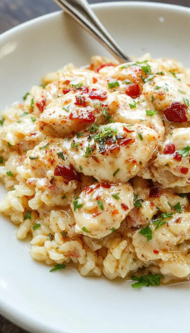 A plate of creamy smothered chicken served over fluffy rice, garnished with herbs and a rich gravy coating the tender chicken pieces.