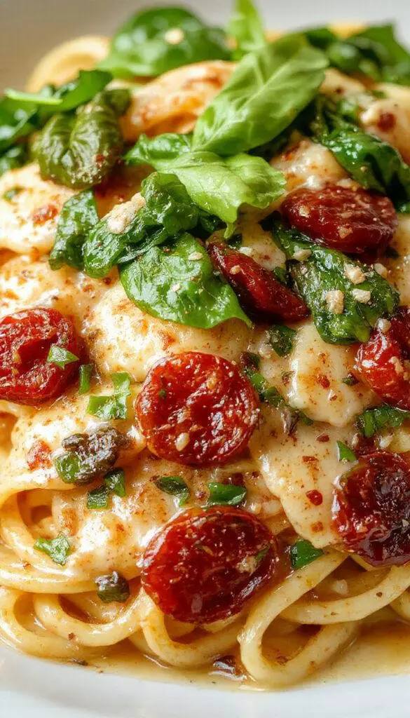 A close-up of a bowl of creamy spaghetti topped with vibrant chopped sun-dried tomatoes and fresh spinach leaves, garnished with grated cheese and herbs, showcasing a rich, glossy sauce and perfectly cooked pasta with a colorful and appetizing appearance.