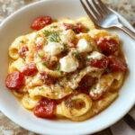A bowl of creamy tomato ricotta pasta topped with fresh basil and grated cheese, served on a rustic wooden table.