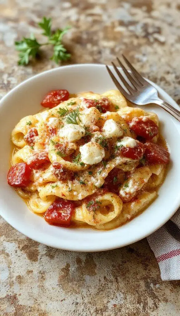 A bowl of creamy tomato ricotta pasta topped with fresh basil and grated cheese, served on a rustic wooden table.
