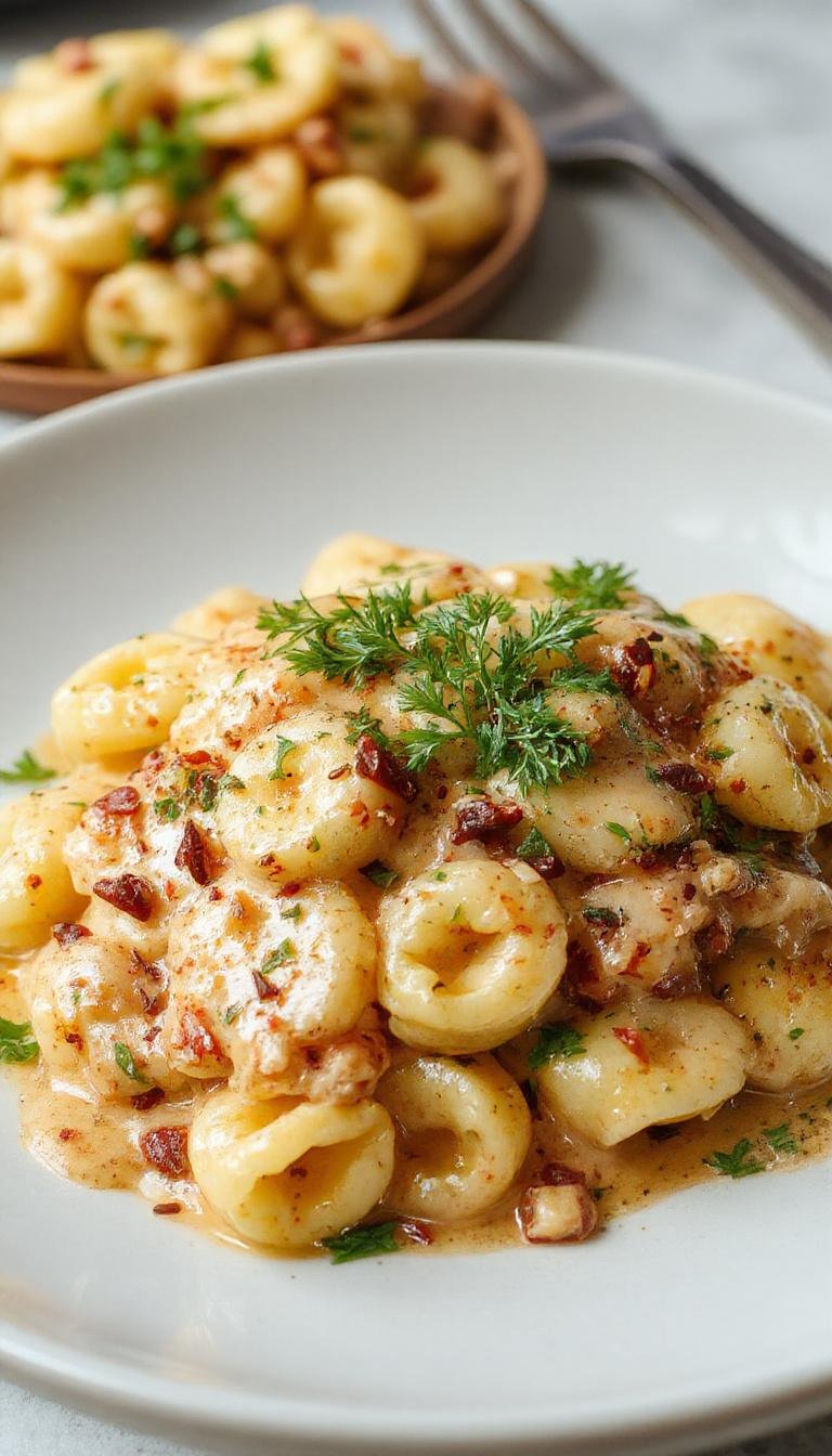 A plate of creamy tortellini carbonara garnished with herbs, featuring golden tortellini in a rich, creamy sauce topped with black pepper.