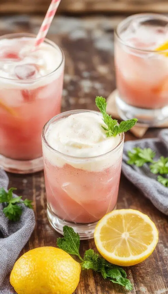 A tall, clear glass filled with vibrant pink whipped lemonade, topped with a swirl of whipped cream and a lemon wedge. The drink has a smooth, frothy texture with visible bubbles on the surface. The glass is garnished with a fresh mint sprig and colorful straws, set against a sunny summer backdrop with subtle bokeh effects.