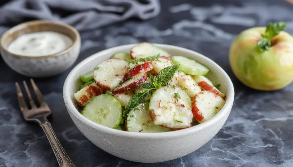A vibrant bowl of crisp apple cucumber salad featuring thinly sliced green cucumbers and apple wedges, topped with fresh mint leaves and drizzled with creamy yogurt dressing. The salad is presented on a white ceramic plate with a rustic wooden background, highlighting its freshness and colorful appearance.