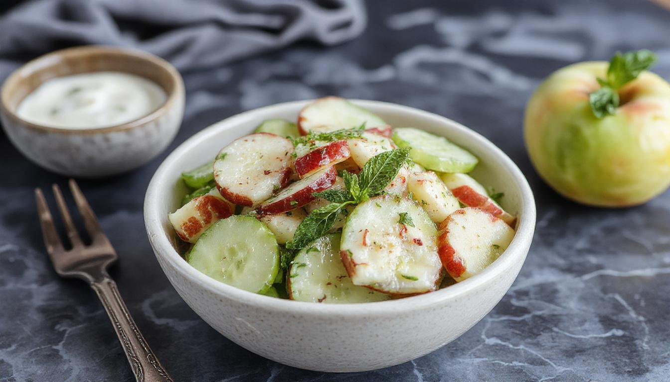 A vibrant bowl of crisp apple cucumber salad featuring thinly sliced green cucumbers and apple wedges, topped with fresh mint leaves and drizzled with creamy yogurt dressing. The salad is presented on a white ceramic plate with a rustic wooden background, highlighting its freshness and colorful appearance.