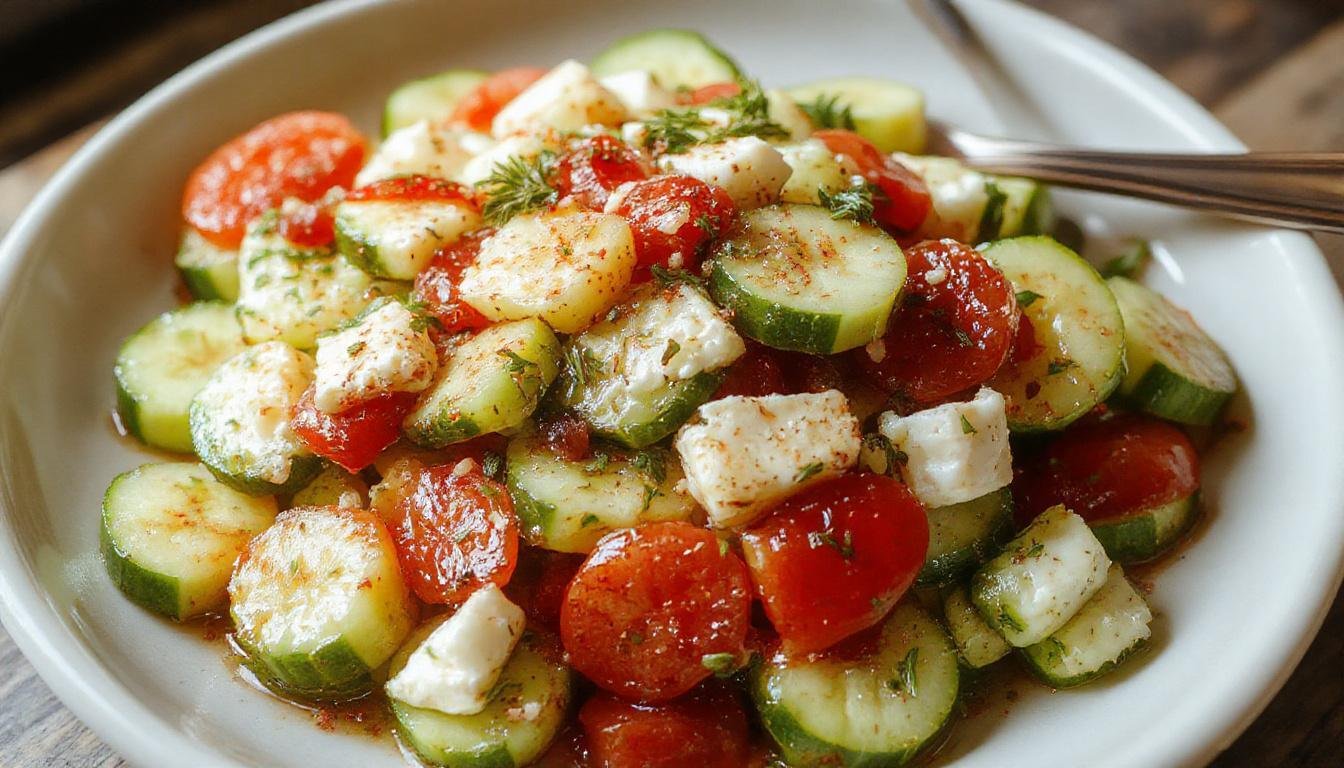 A vibrant Greek cucumber salad in a clear glass bowl featuring thinly sliced cucumbers, bright cherry tomatoes, red onion rings, and crumbled feta cheese, garnished with fresh dill and a drizzle of olive oil. The salad showcases crisp textures and fresh colors, with a light dressing visible on the ingredients.
