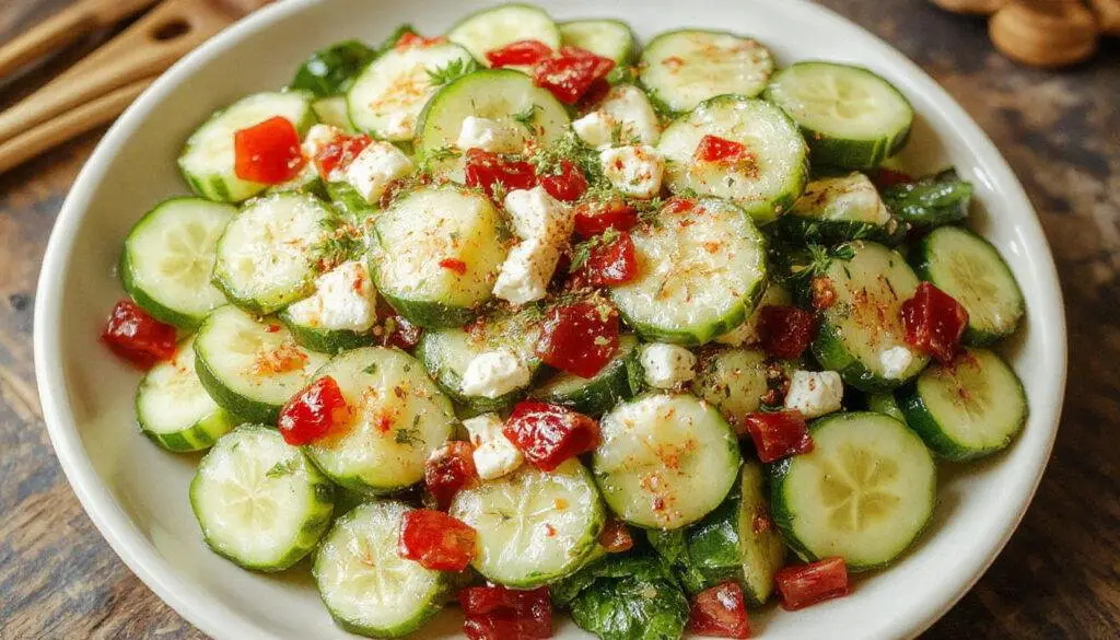 A vibrant Greek-style cucumber salad featuring thinly sliced crisp cucumbers, sprinkled with crumbled feta cheese, fresh dill, and cherry tomatoes, plated in a shallow white bowl with a drizzle of olive oil. The salad is colorful and fresh, highlighting the crisp texture of the cucumbers and the bright green herbs.