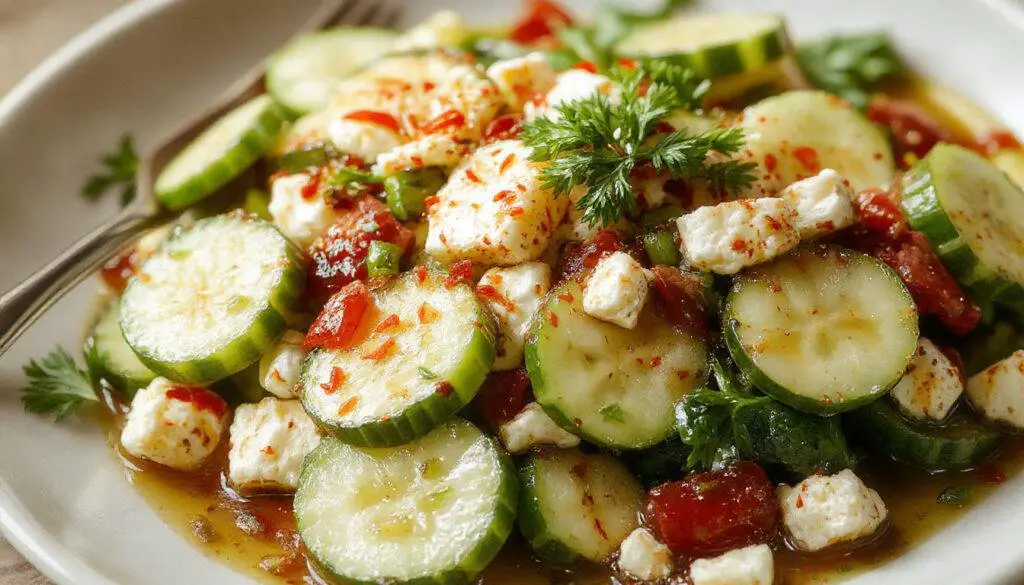 A vibrant cucumber feta salad arranged in a white bowl with crisp cucumber slices, crumbled feta cheese, and fresh herbs, drizzled with a glistening lemon vinaigrette.
