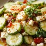 A vibrant cucumber feta salad arranged in a white bowl with crisp cucumber slices, crumbled feta cheese, and fresh herbs, drizzled with a glistening lemon vinaigrette.