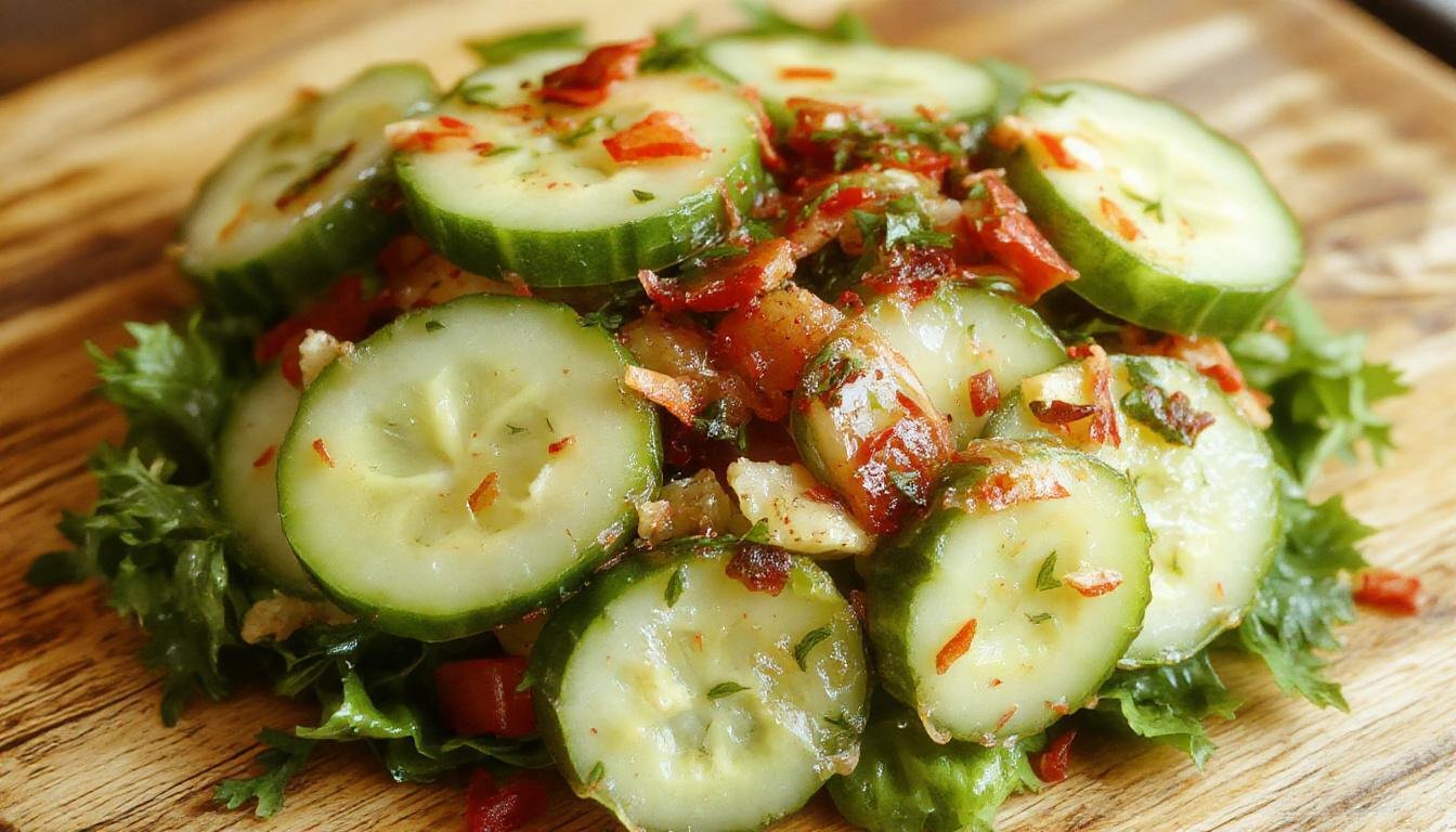 A vibrant bowl of cucumber vinegar salad featuring thinly sliced crunchy cucumbers coated in a clear, tangy vinegar dressing. The dish is garnished with fresh herbs and served in a simple, white ceramic bowl, highlighting the refreshing and crisp textures of the salad.