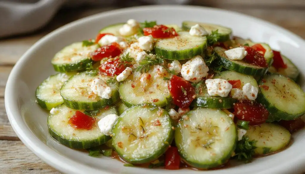 A vibrant Greek cucumber salad in a clear glass bowl, featuring thinly sliced cucumbers, crumbled feta cheese, cherry tomatoes, and fresh herbs. The salad is drizzled with olive oil and sprinkled with black pepper, showcasing a colorful contrast of green, white, red, and black, with a fresh and crisp texture evident in the slices.