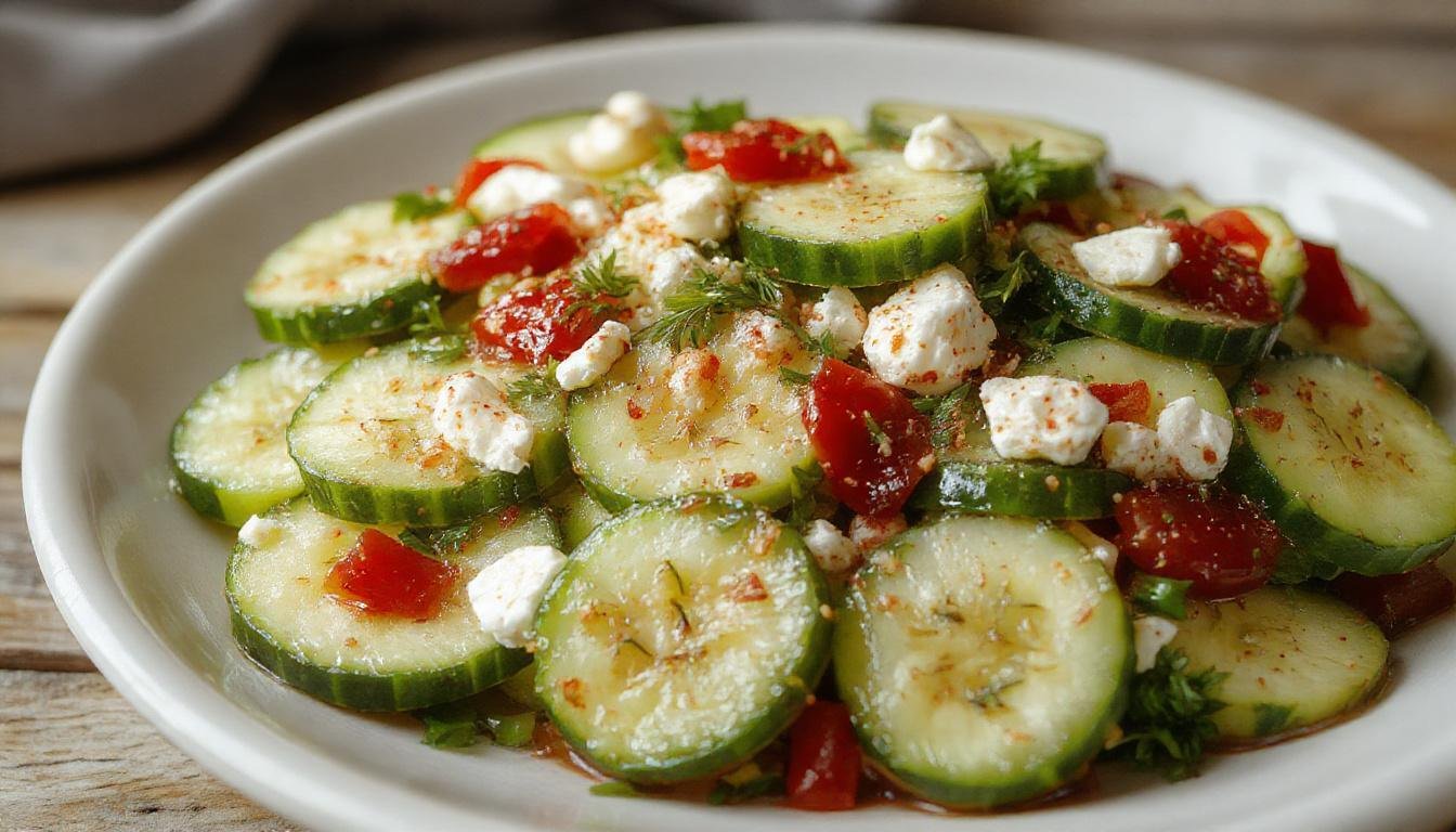 A vibrant Greek cucumber salad in a clear glass bowl, featuring thinly sliced cucumbers, crumbled feta cheese, cherry tomatoes, and fresh herbs. The salad is drizzled with olive oil and sprinkled with black pepper, showcasing a colorful contrast of green, white, red, and black, with a fresh and crisp texture evident in the slices.