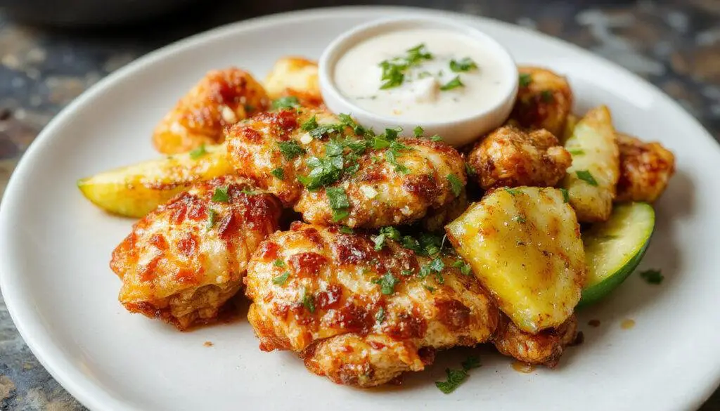 A golden-brown crispy Bang Bang Chicken served on a white plate, drizzled with a vibrant red sauce. The chicken pieces are coated with a crunchy exterior, garnished with chopped green onions and sesame seeds, with a side of fresh greens. The presentation is clean and appetizing, highlighting the crispy texture and bold colors.