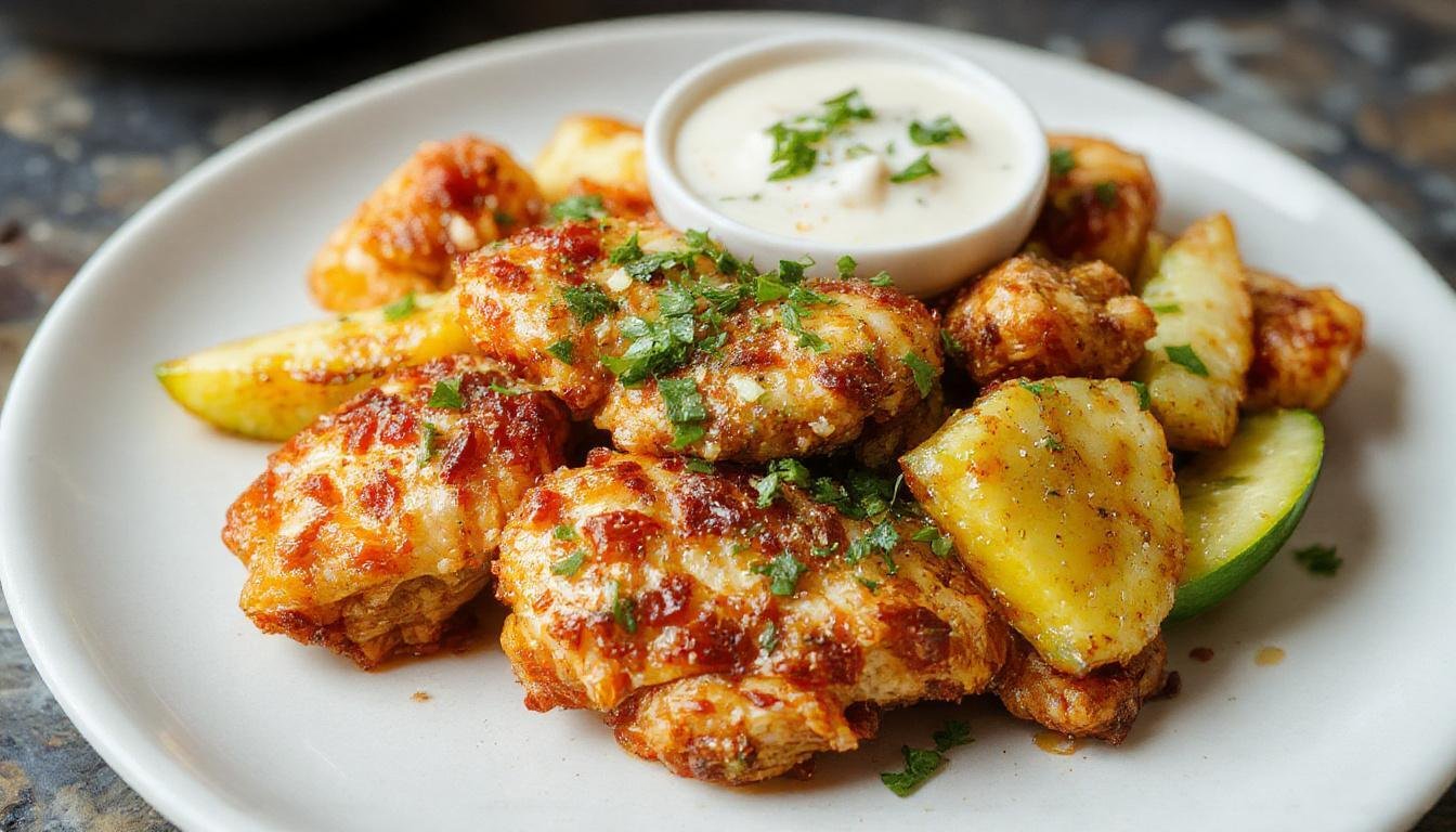 A golden-brown crispy Bang Bang Chicken served on a white plate, drizzled with a vibrant red sauce. The chicken pieces are coated with a crunchy exterior, garnished with chopped green onions and sesame seeds, with a side of fresh greens. The presentation is clean and appetizing, highlighting the crispy texture and bold colors.