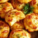 Golden-brown crispy cheese puffs filled with creamy mashed potatoes and melted cheese, garnished with fresh herbs on a rustic wooden platter, showcasing their crispy exterior and cheesy interior.