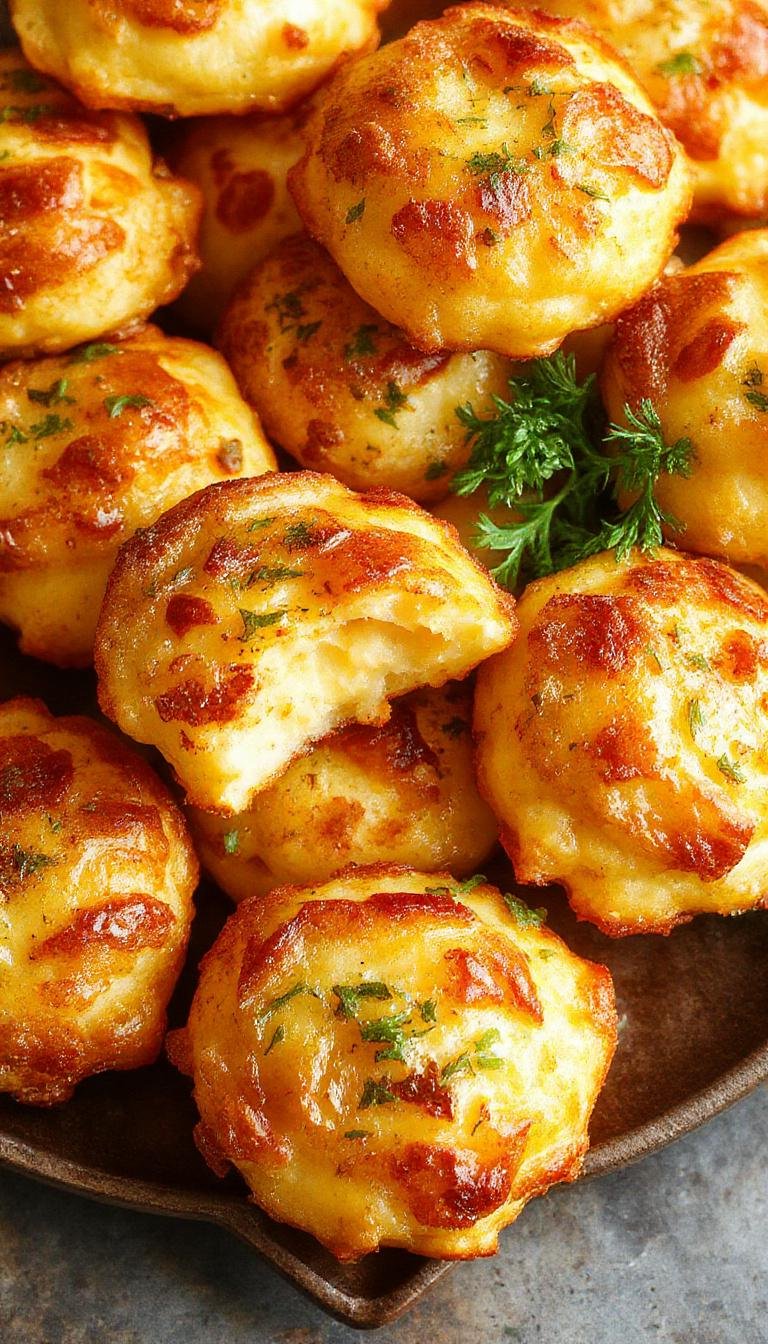 Golden-brown crispy cheese puffs filled with creamy mashed potatoes and melted cheese, garnished with fresh herbs on a rustic wooden platter, showcasing their crispy exterior and cheesy interior.