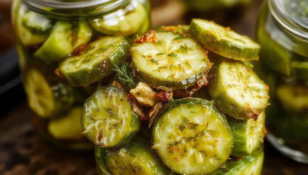 A jar of crispy, crunchy homemade dill pickles filled with vibrant green cucumbers and fresh dill sprigs, glistening with brine, surrounded by slices of garlic and peppercorns on a rustic wooden table.
