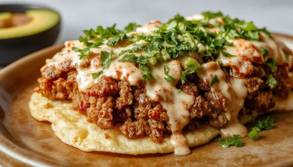 A close-up of three golden brown, crispy tostadas topped with seasoned ground beef, shredded lettuce, diced tomatoes, crumbled cheese, and a drizzle of sour cream, arranged on a rustic wooden platter.