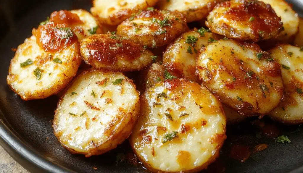 A close-up of golden-brown crispy breakfast potatoes with a fluffy interior, garnished with fresh herbs on a rustic plate, showcasing their crunchy exterior and soft inside.