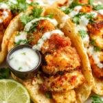 A vibrant plate of crispy fried chicken street corn tacos topped with chopped jalapeños, lime wedges, and a drizzle of ranch sauce. The tacos are arranged on a rustic wooden board with fresh cilantro and a side of lime slices, showcasing golden-brown chicken with crispy textures, colorful corn kernels, and zesty garnishes.