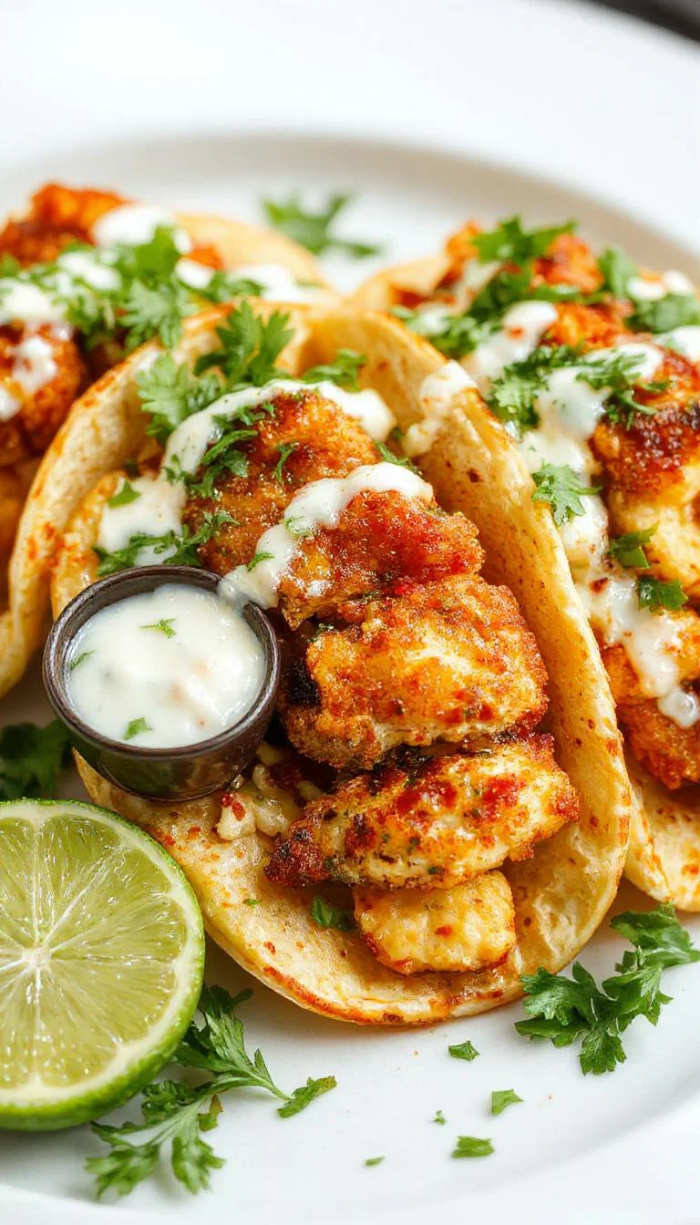 A vibrant plate of crispy fried chicken street corn tacos topped with chopped jalapeños, lime wedges, and a drizzle of ranch sauce. The tacos are arranged on a rustic wooden board with fresh cilantro and a side of lime slices, showcasing golden-brown chicken with crispy textures, colorful corn kernels, and zesty garnishes.