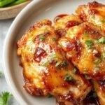 A close-up of crispy honey garlic chicken pieces glazed with a glossy honey sauce, garnished with chopped green onions and sesame seeds, served on a white plate with a crispy exterior and tender interior, steaming hot and appealing.