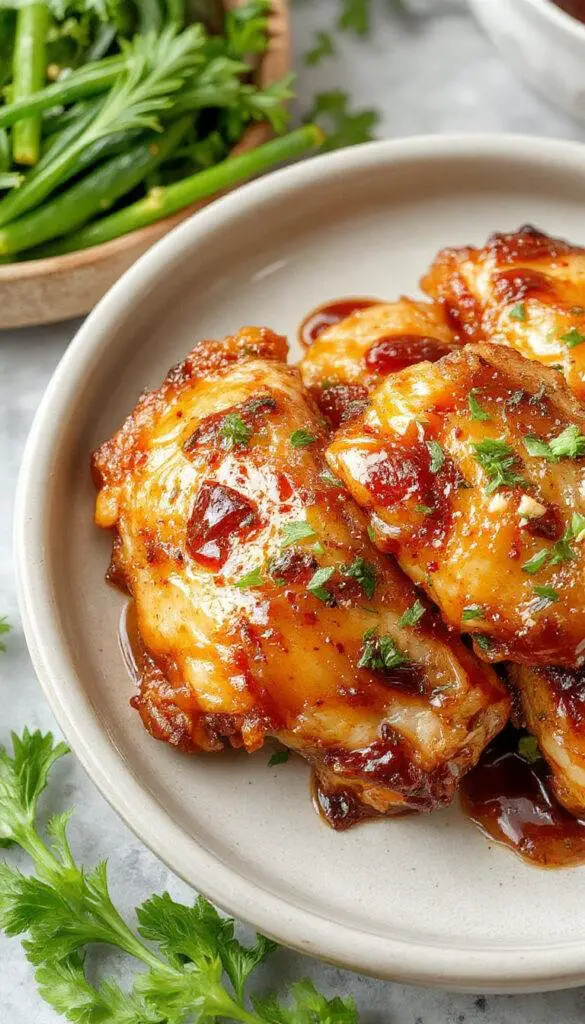 A close-up of crispy honey garlic chicken pieces glazed with a glossy honey sauce, garnished with chopped green onions and sesame seeds, served on a white plate with a crispy exterior and tender interior, steaming hot and appealing.