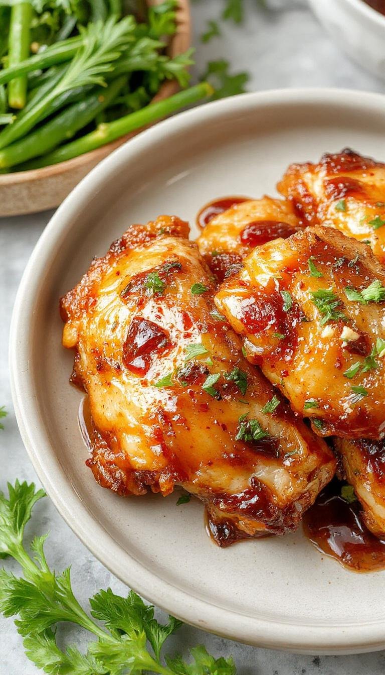 A close-up of crispy honey garlic chicken pieces glazed with a glossy honey sauce, garnished with chopped green onions and sesame seeds, served on a white plate with a crispy exterior and tender interior, steaming hot and appealing.