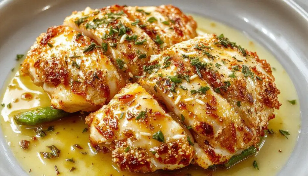 Golden-brown crispy Parmesan-crusted chicken breasts plated elegantly on a white dish, topped with a glistening garlic sauce. The chicken has a crunchy texture with visible Parmesan cheese bits on the crust, garnished with fresh parsley around the edges for a pop of color.