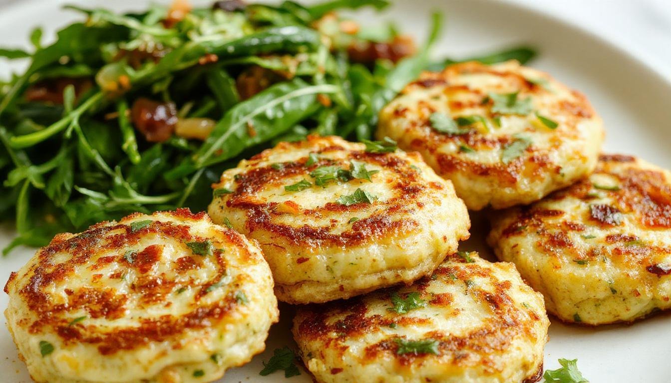 Golden-brown zucchini fritters stacked on a white plate, garnished with fresh herbs, with a crispy textured surface and tender zucchini bits visible inside