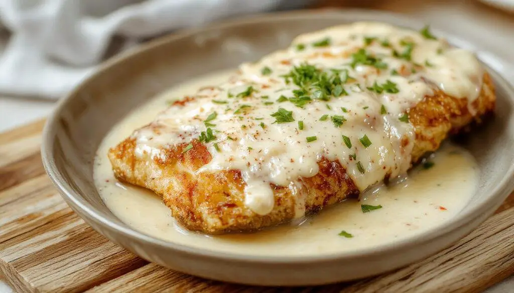 Golden-brown, crispy parmesan-coated chicken breasts topped with a creamy garlic sauce. The chicken is plated elegantly on a white dish, garnished with fresh herbs and a lemon wedge. The sauce appears smooth and rich, contrasting with the crispy texture of the chicken. Surrounding the dish are hints of garlic cloves and parmesan cheese, enhancing the decadent presentation.