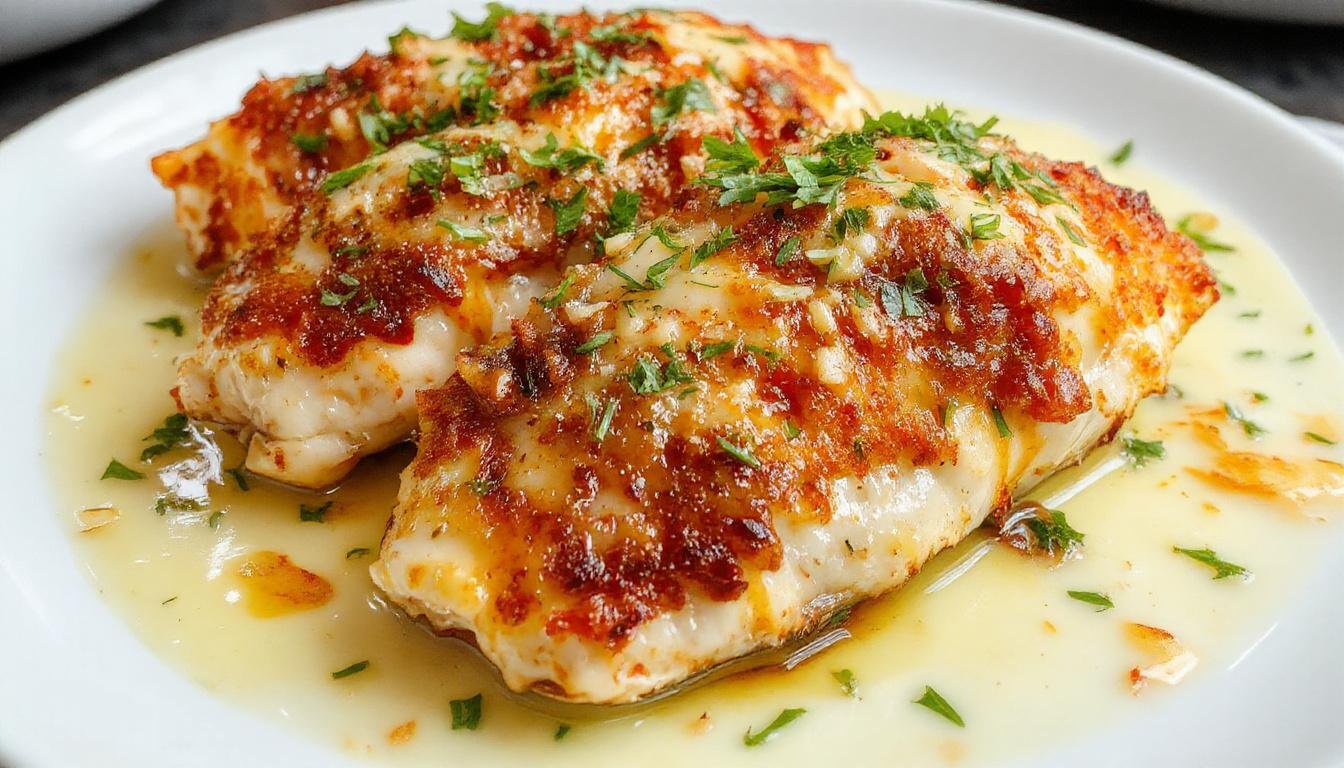 A golden-brown crispy Parmesan chicken breast topped with melted cheese and garnished with chopped parsley, served on a white plate with a side of creamy garlic sauce in a small bowl nearby. The plate is styled elegantly on a rustic wooden table with a fork and knife.