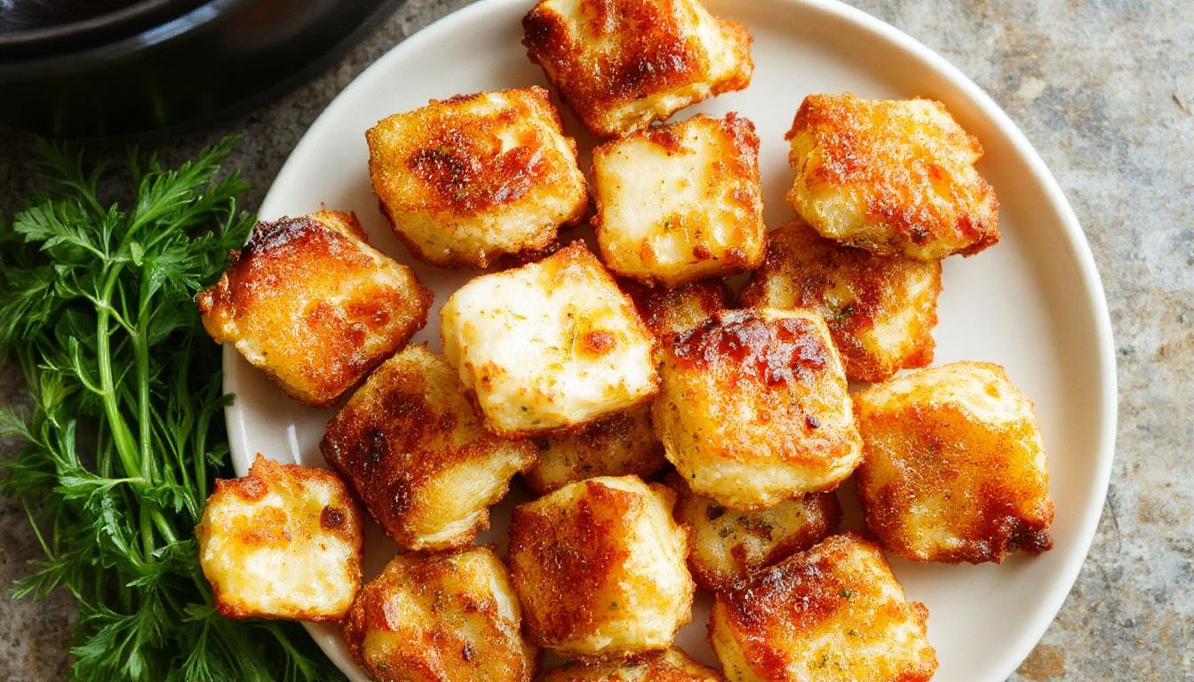 A close-up of golden-brown, crispy halloumi bites arranged neatly on a white plate, drizzled with honey and garnished with fresh herbs, with a textured, melted interior visible through some bites.