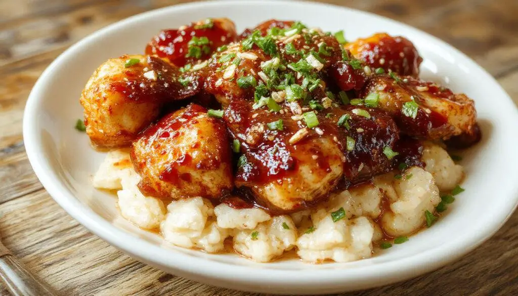 A glossy, crispy orange chicken served on a white plate, garnished with sliced green scallions and orange zest. The chicken pieces are golden brown with a sticky orange glaze, arranged attractively with a citrus wedge on the side.