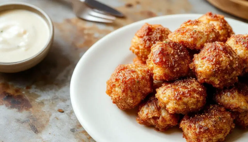 Golden brown crispy chicken bites coated with a glossy spicy sauce, served on a white plate garnished with chopped green onions and sesame seeds, with a background of colorful dipping sauces and a rustic wooden table.