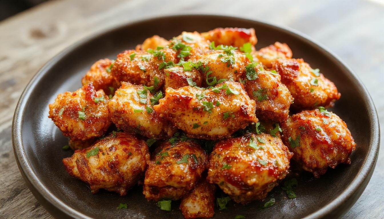 A close-up of a golden-brown crispy chicken bite coated in a glossy, spicy red sauce, garnished with chopped green onions and sesame seeds, arranged artfully on a white plate with a drizzle of sauce around the chicken pieces.