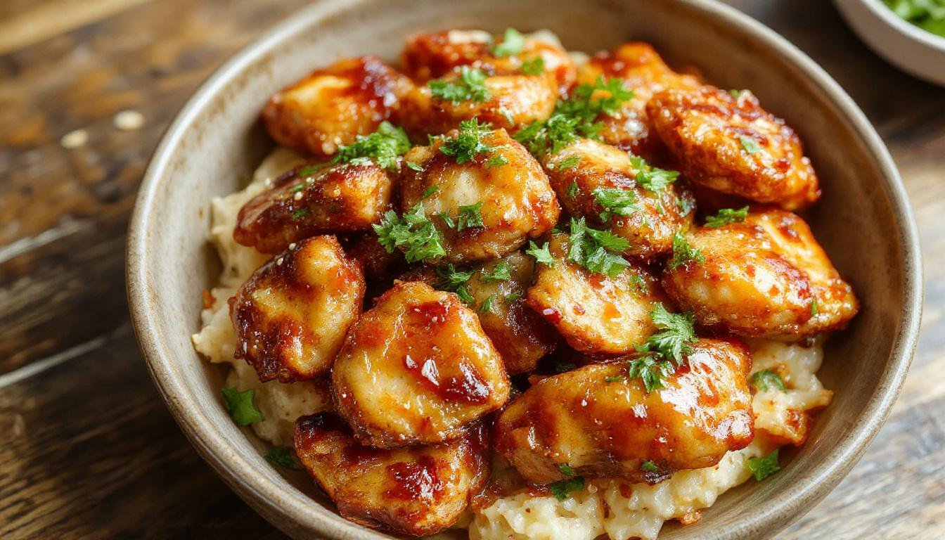 A close-up of crispy chicken pieces coated in a glossy honey glaze, sprinkled with toasted sesame seeds, arranged neatly on a white plate with a few green garnishes in the background