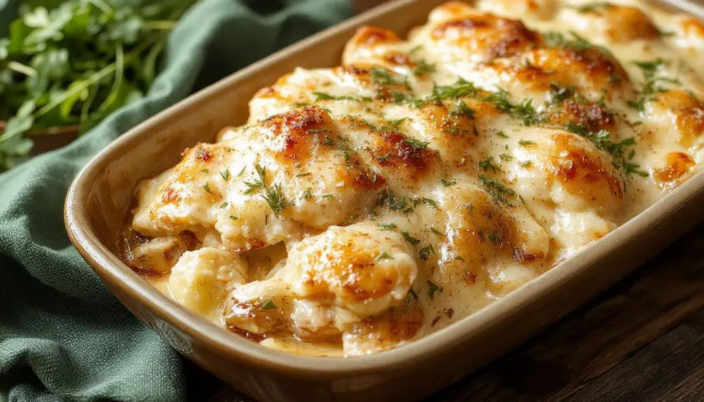 A golden-brown, bubbly chicken casserole in a rustic ceramic baking dish, topped with melted cheese and crispy breadcrumbs, garnished with fresh herbs.