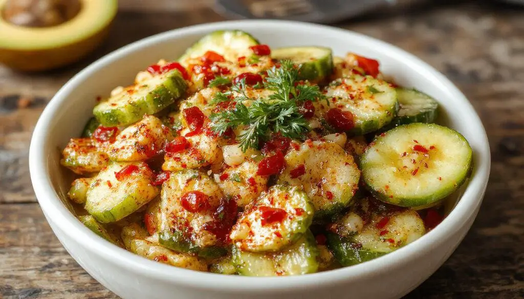 A vibrant bowl of Korean cucumber salad featuring thinly sliced cucumbers coated in a glossy red spicy sauce, garnished with sesame seeds and chopped green onions. The salad displays a mix of bright green cucumber slices with a hint of chili flakes, arranged invitingly in a white ceramic bowl on a wooden surface, with a sprinkle of sesame seeds adding texture.
