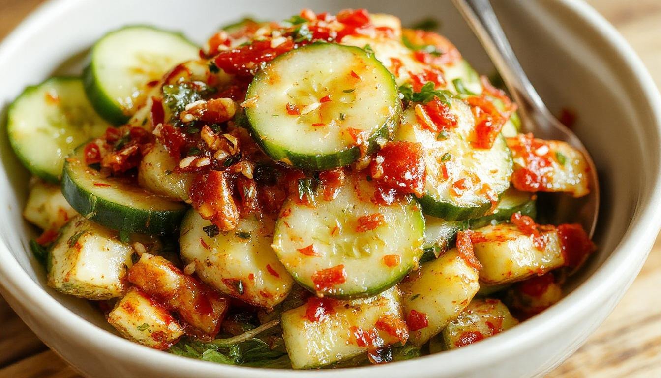 A vibrant bowl of Korean cucumber salad featuring sliced cucumbers coated in a glossy, tangy dressing. The salad is garnished with sesame seeds and thinly sliced green onions, with the cucumbers maintaining a crisp texture and bright green color. The presentation emphasizes a fresh, appetizing appearance, with the salad served in a clean, white dish that highlights the colors and textures.
