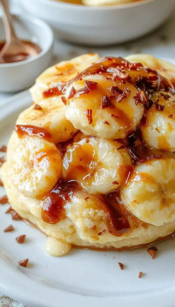 A rich, creamy banana foster pudding served in a sophisticated glass bowl, topped with caramelized banana slices, drizzled with warm caramel sauce, and garnished with a sprig of mint. The dessert showcases a smooth, velvety texture with vibrant yellow banana slices and glossy caramel accents highlighting its indulgent appeal.