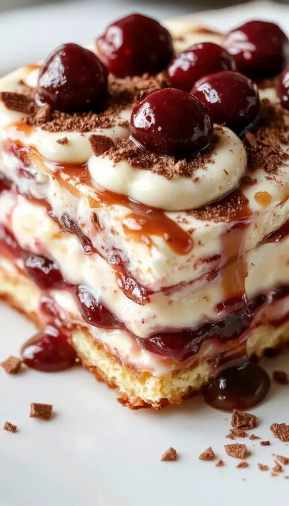 A close-up of a beautifully layered tiramisu in a glass dish, showing creamy mascarpone layers dusted with cocoa powder and topped with vibrant cherry halves and a drizzle of amaretto syrup. The dessert has a rich, velvety texture with distinct layers of ladyfingers soaked in coffee and laced with amaretto, stunningly presented with elegant garnishes.
