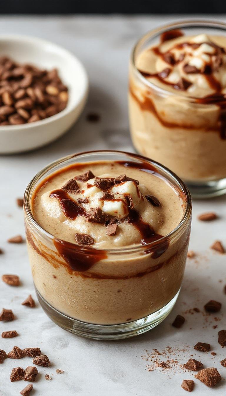 A tall glass of coffee mousse with a rich, velvety texture topped with whipped cream and a sprinkle of cocoa powder. The mousse is layered, showcasing its airy, light consistency with a deep coffee color. Garnished with a coffee bean and a drizzle of chocolate syrup, the presentation exudes elegance and indulgence, set against a sleek, neutral background.