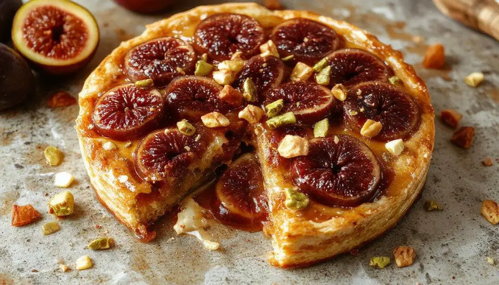 A close-up of a sliced Fig, Honey, and Pistachio Tart showing its golden-brown crust, vibrant purple fig slices, drizzle of golden honey, and scattered green pistachios on top, with a rustic background.