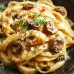 A plate of creamy Gruyere pasta topped with caramelized leeks and sautéed mushrooms, garnished with fresh herbs on a rustic wooden table.