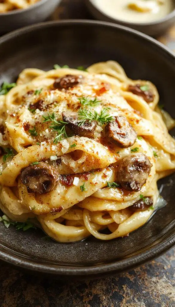 A plate of creamy Gruyere pasta topped with caramelized leeks and sautéed mushrooms, garnished with fresh herbs on a rustic wooden table.
