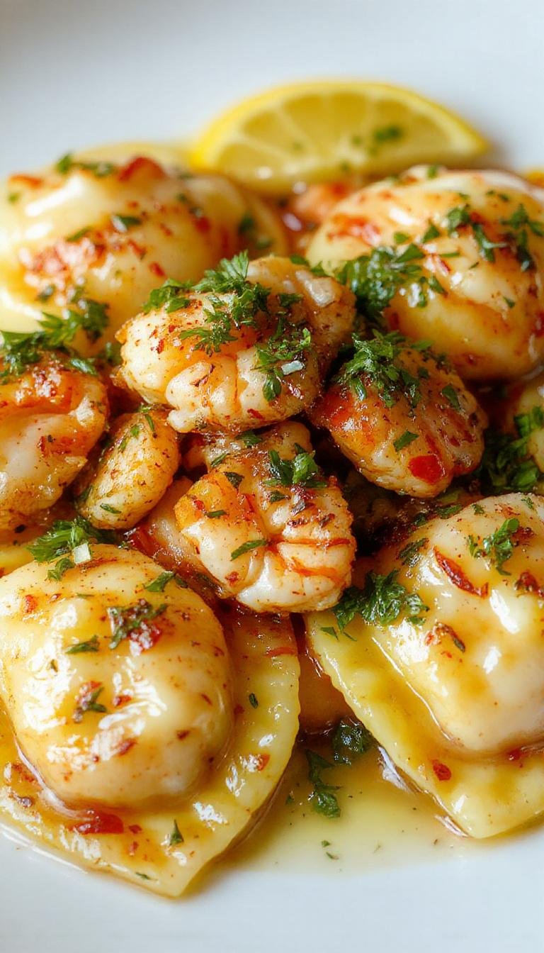 Elegant plate of lobster ravioli topped with lemon butter sauce, garnished with fresh herbs and lemon zest, served on a white porcelain dish.