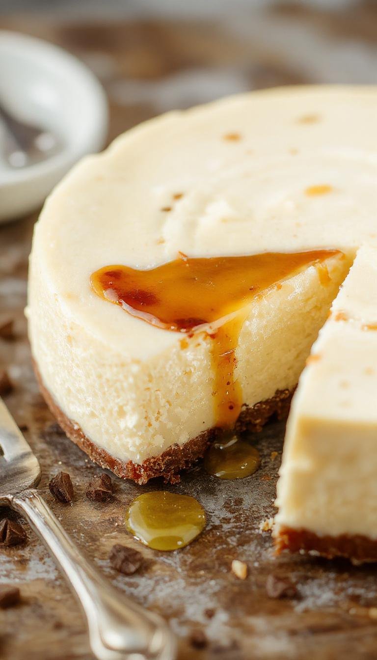 A slice of decadent vanilla bean brown butter cheesecake on a elegant white plate, topped with a vanilla bean pod and a drizzle of caramel sauce. The creamy, smooth interior reveals a rich, golden-brown crust, with a glossy surface highlighting the vanilla specks and luscious texture.