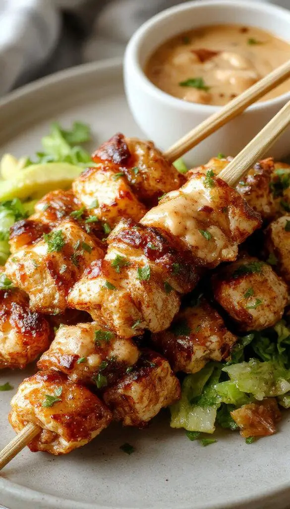 A plate featuring skewered grilled chicken satay with golden-brown char marks, served alongside a small bowl of creamy Thai peanut sauce. The dish is garnished with chopped peanuts and fresh cilantro, and presented on a white ceramic plate with a rustic wooden background.