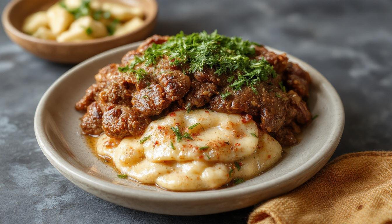 A close-up of a plated ground beef dinner featuring seasoned browned ground beef topped with fresh herbs, served alongside vibrant colorful vegetables and a side of fluffy rice on a rustic wooden table.