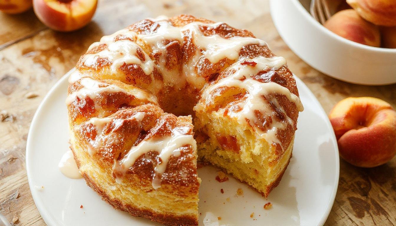 A slice of vibrant peach cake with golden-brown crust and moist, tender peach chunks visible in the fluffy interior. The cake is garnished with fresh peach slices and a light dusting of powdered sugar, presented on a rustic white plate against a softly blurred background, evoking a summery, inviting atmosphere.